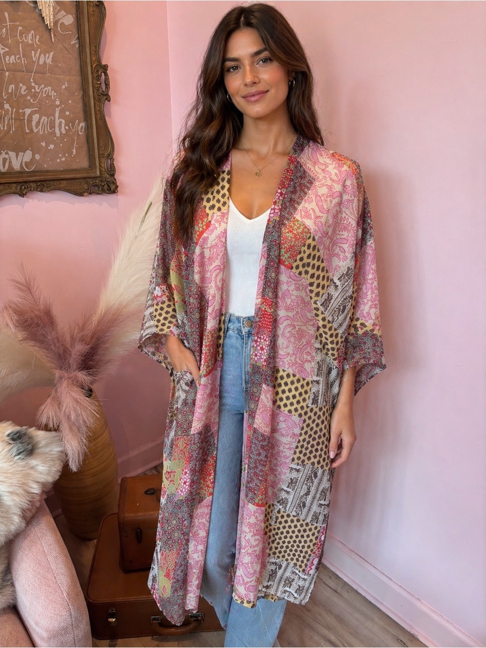 Anthropologie eesome Boho Patchwork Pink Kimono Duster